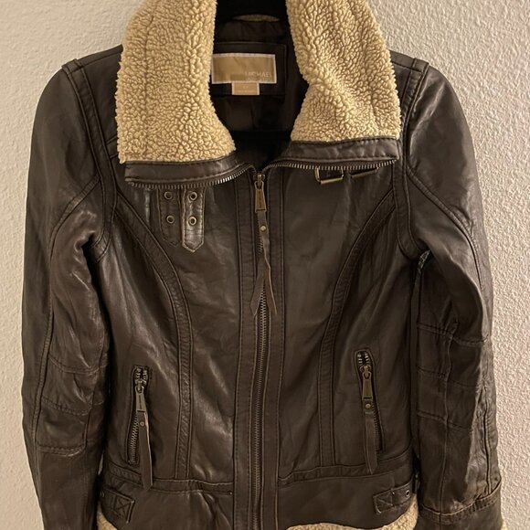 Michael Kors Brown Leather Aviator Jacket Shearling Lined Women’s Size Small P - Picture 9 of 16